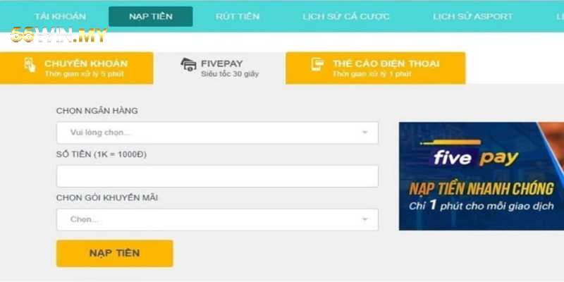 Nạp tiền 55WIN bằng dịch vụ chuyển tiền ngân hàng